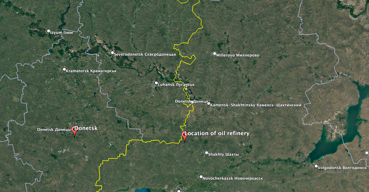 The location of the oil refinery at Novoshakhtinsk in relation to the Ukrainian border (yellow) and Donetsk. Most of the territory east of Donetsk is held by Russian and pro-Russian forces. <em>Google Earth</em>