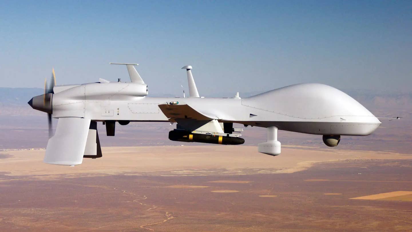 A US Army MQ-1C Gray Eagle drone. The U.S. government is currently in the midst of the approval process regarding a possible sale of these armed unmanned aircraft to Ukraine. <em>US Army</em>