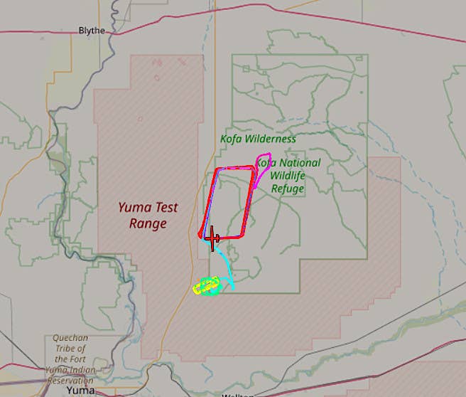 The Zephyr S's flight activity on June 15, 2022, the day that it began its latest flight from the US Army's Yuma Proving Ground. <em>ADS-B Exchange</em>