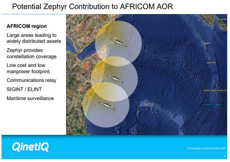 A slide from QinetiQ's 2009 briefing discussing the potential use of Zephyr drones in operations off the coast of Somalia. <em>QinetiQ</em>