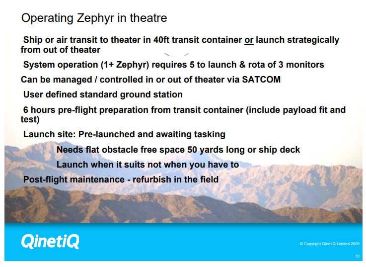 A slide from the 2009 QinetiQ briefing with details about the deployability and low-footprint operating requirements of earlier Zephyr models that were smaller and less capable than the Zephyr S design. This still gives a sense of the flexibility that those drones offer. <em>QinetiQ</em>
