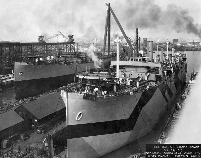 The SS (later USS)&nbsp;<em>Independence</em>&nbsp;at the Bethlehem Steel Company, San Francisco, California, in October 1918. <em>U.S. National Archives and Records Administration</em>