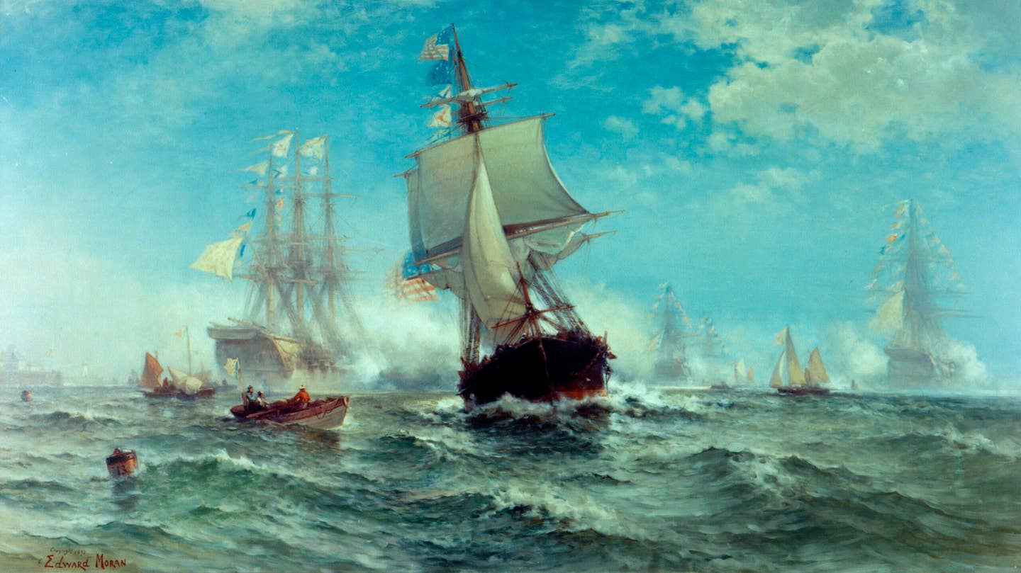 <em>First Recognition of the American Flag by a Foreign Government,</em> a painting by Edward Moran depicting the events of February 14, 1778, when the Continental Navy Ship&nbsp;<em>Ranger</em>, commanded by John Paul Jones, received the salute of a French squadron at Quiberon Bay, France. <em>U.S. Navy</em>