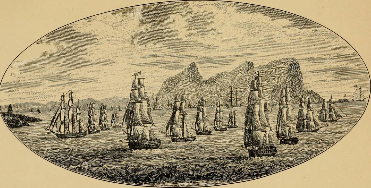 A 1905 illustration showing the U.S. Navy squadron under Stephen Decatur that was assembled off the coast of North Africa to confront the Barbary Coast Pirates. Independence arrived on the scene a little later but provided an impressive show of force that helped ensured the peace treaties were signed. <em>Internet Archive Book Images</em>