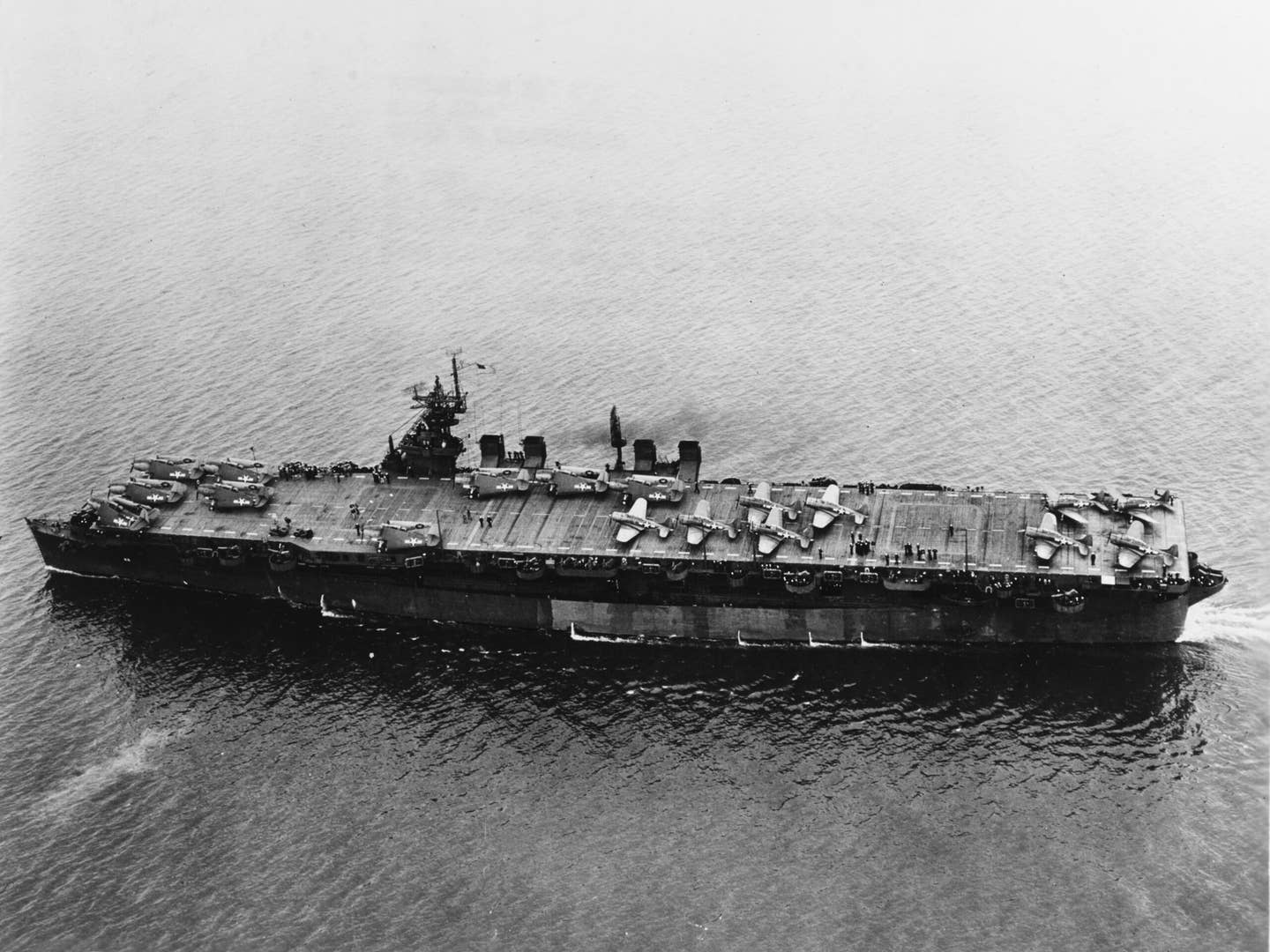 SBD Dauntless dive-bombers arranged on the deck of the new light aircraft carrier USS&nbsp;<em>Independence</em>&nbsp;(CVL-22) in San Francisco Bay, July 1943. <em>U.S. Navy&nbsp;</em>