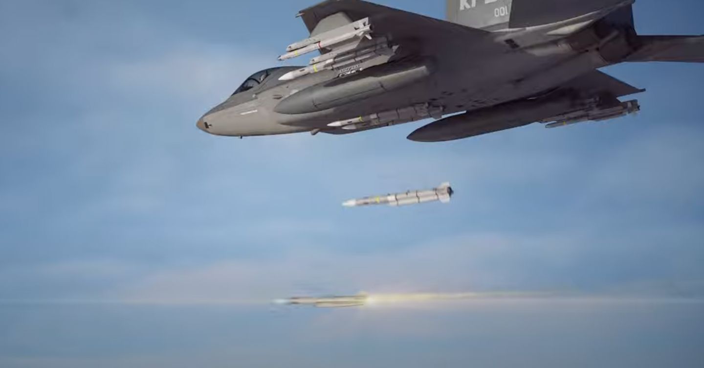 A still from the DAPA concept video showing a KF-21 launching Meteor missiles. <em>DAPA Screencap</em>