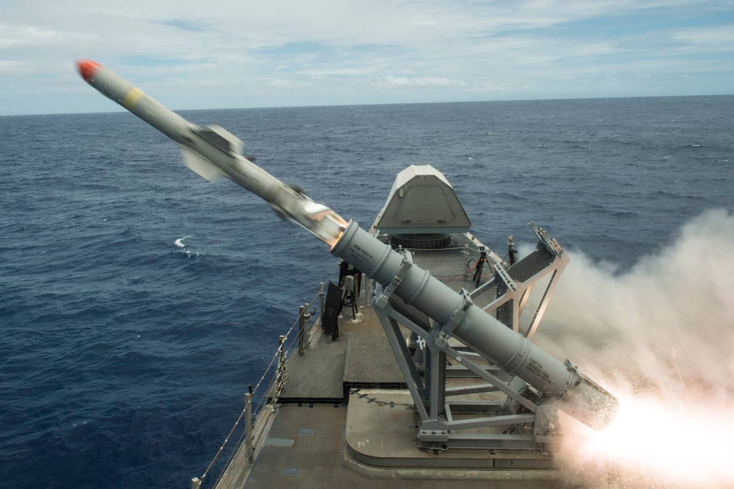 A Harpoon Block 1C anti-ship missile is launched from the USS <em>Coronado</em> (LCS-4), an <em>Independence</em> variant Littoral Combat Ship, on July 19, 2016. <em>U.S. Navy photo by Mass Communication Specialist 2nd Class Michaela Garrison/Released</em>
