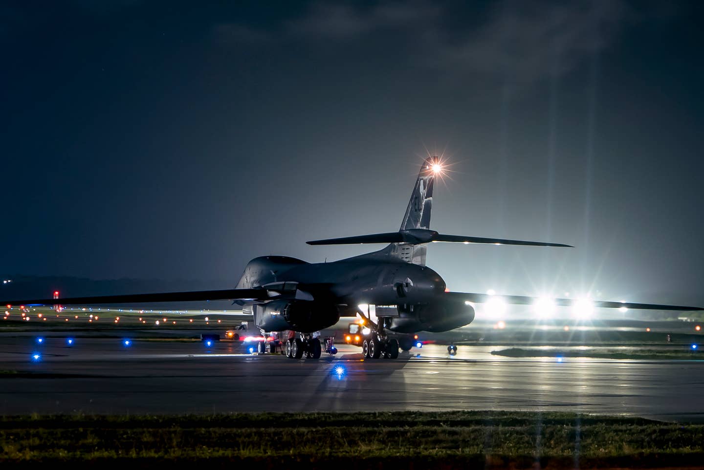 A B-1B waits on a taxiway at Andersen Air Force Base after arriving for the latest Bomber Task Force mission, June 3, 2022. <em>U.S. Air Force photo by Master Sgt. Nicholas Priest</em>