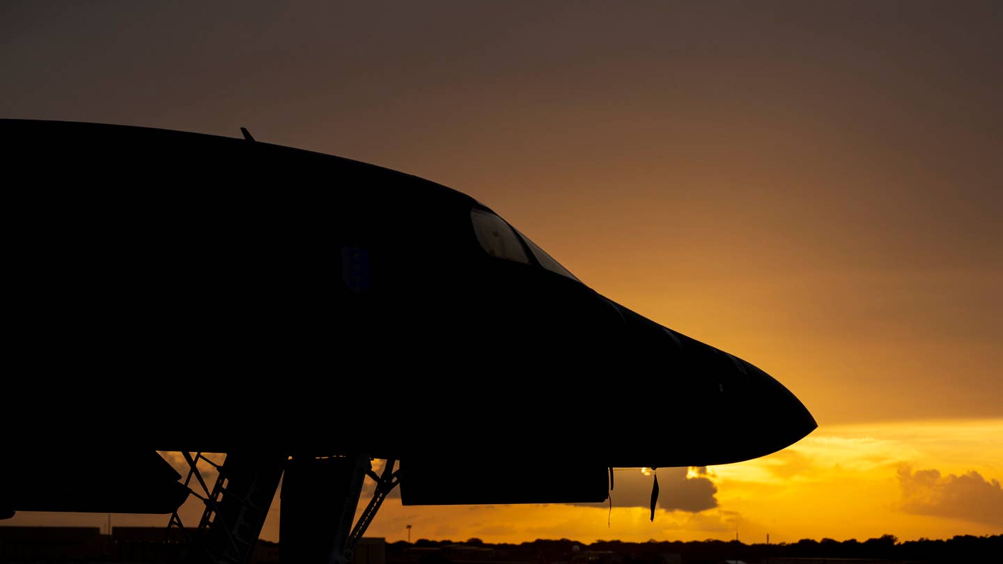 A B-1B sits in a parking spot after returning from a Bomber Task Force (BTF) mission, at Andersen Air Force Base, Guam, June 12, 2022. <em>U.S. Air Force photo by Master Sgt. Nicholas Priest</em>