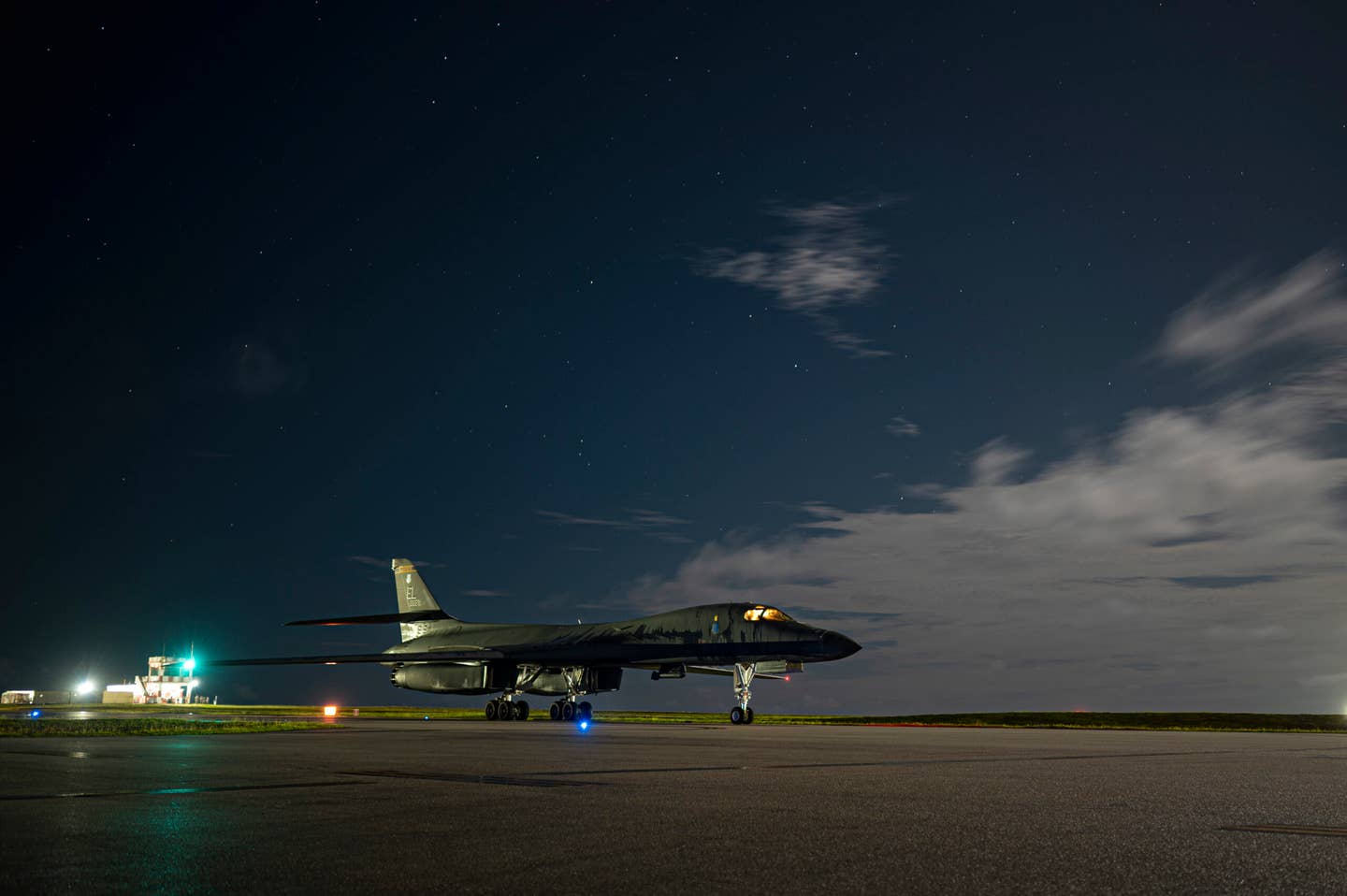 A B-1B waits on a taxiway at Andersen Air Force Base, Guam after returning from a Bomber Task Force mission, June 17, 2022. <em>U.S. Air Force photo by Master Sgt. Nicholas Priest</em>