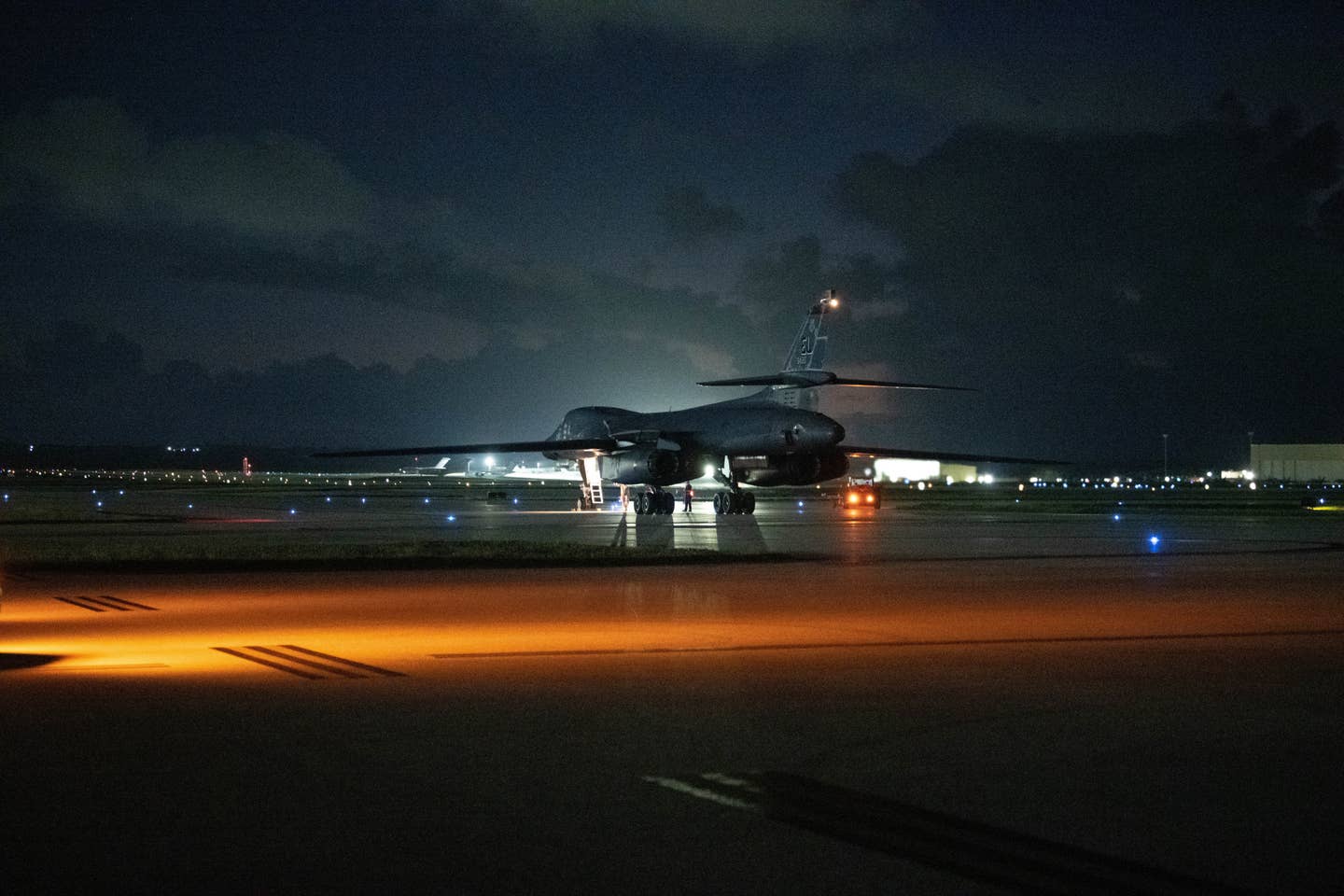 A B-1B waits on a taxiway at Andersen Air Force Base, after returning from a Bomber Task Force mission with the Royal Australian Air Force, June 20, 2022. <em>U.S. Air Force photo by 2nd Lt. Michael Caggiano</em>