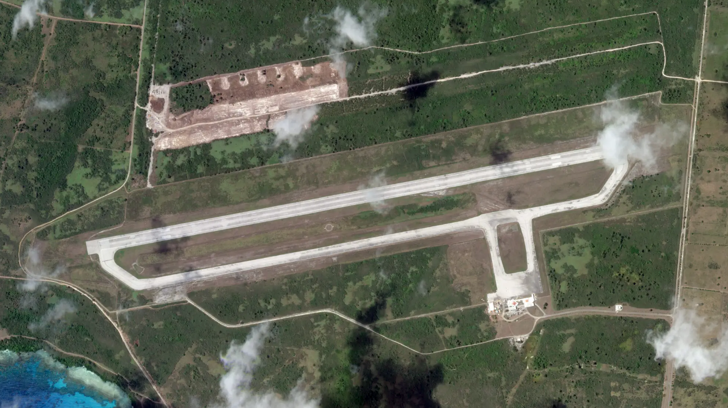 A satellite image showing Tinian International Airport on June 6, 2022. Construction work is clearly visible at the northwestern end of the airport. PHOTO © 2022 PLANET LABS INC. ALL RIGHTS RESERVED. REPRINTED BY PERMISSION
