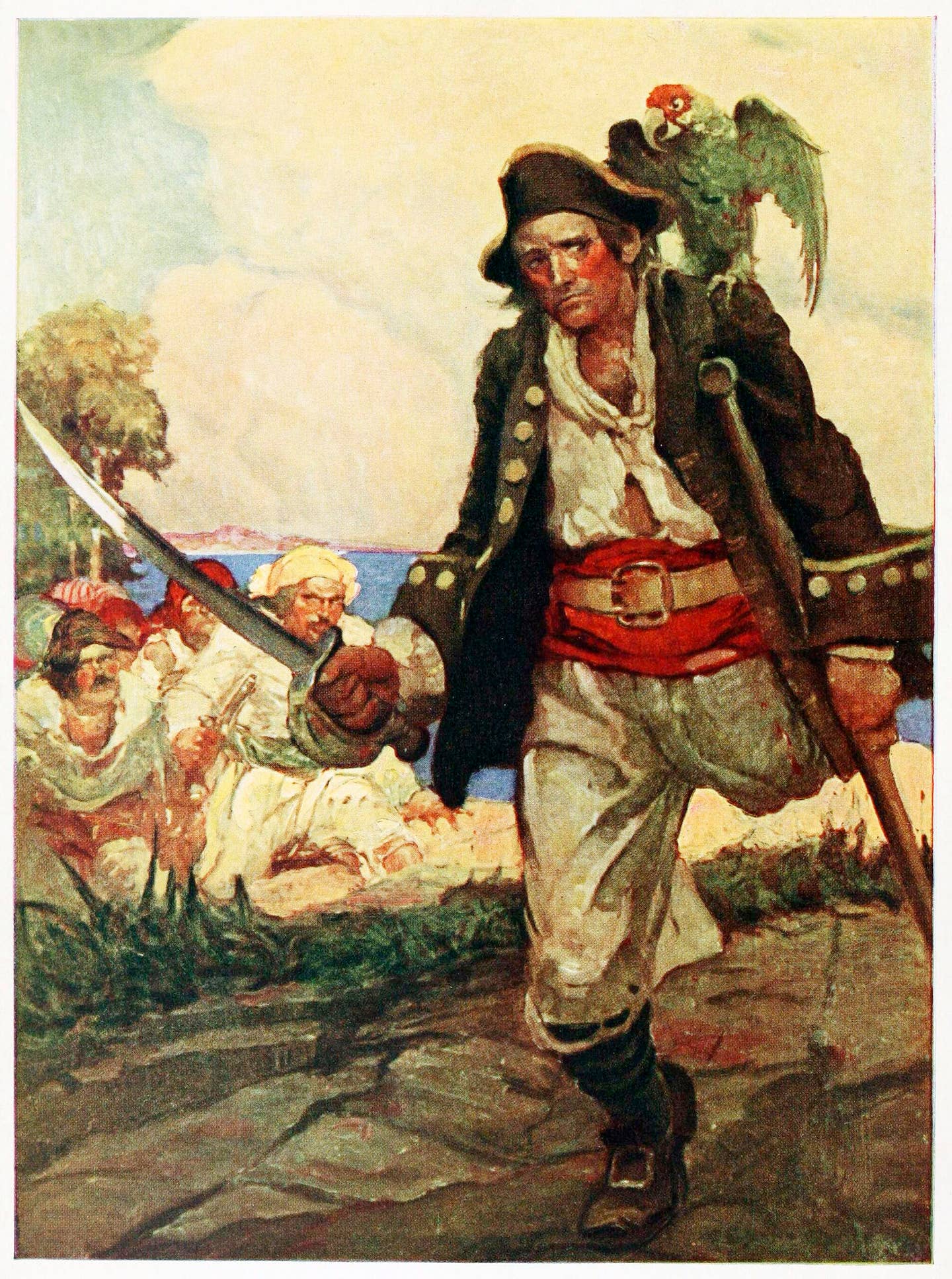 The frontispiece from a 1915 edition of <em>Treasure Island</em> provides a classic depiction of Long John Silver – complete with a parrot. <em>Photo by Historica Graphica Collection/Heritage Images/Getty Images</em>