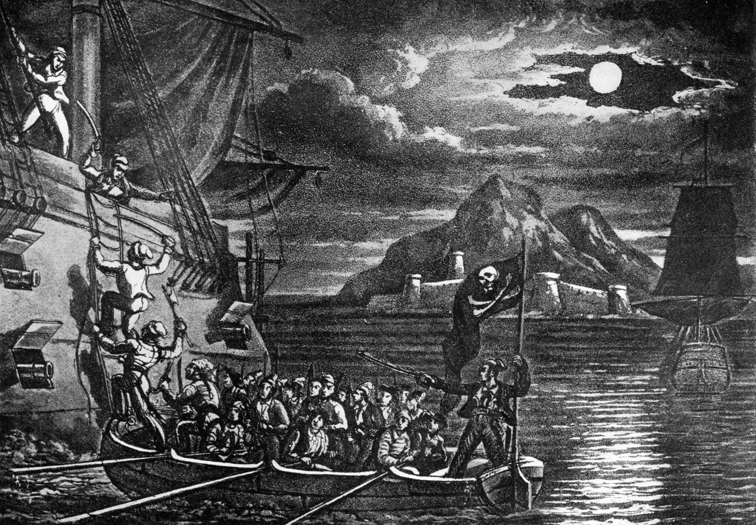 Pirates Boarding a Spanish Vessel in the West Indies, engraving from The History and Lives of the most Notorious Pirates, by an old Seaman, n.d. (Photo by Culture Club/Getty Images)