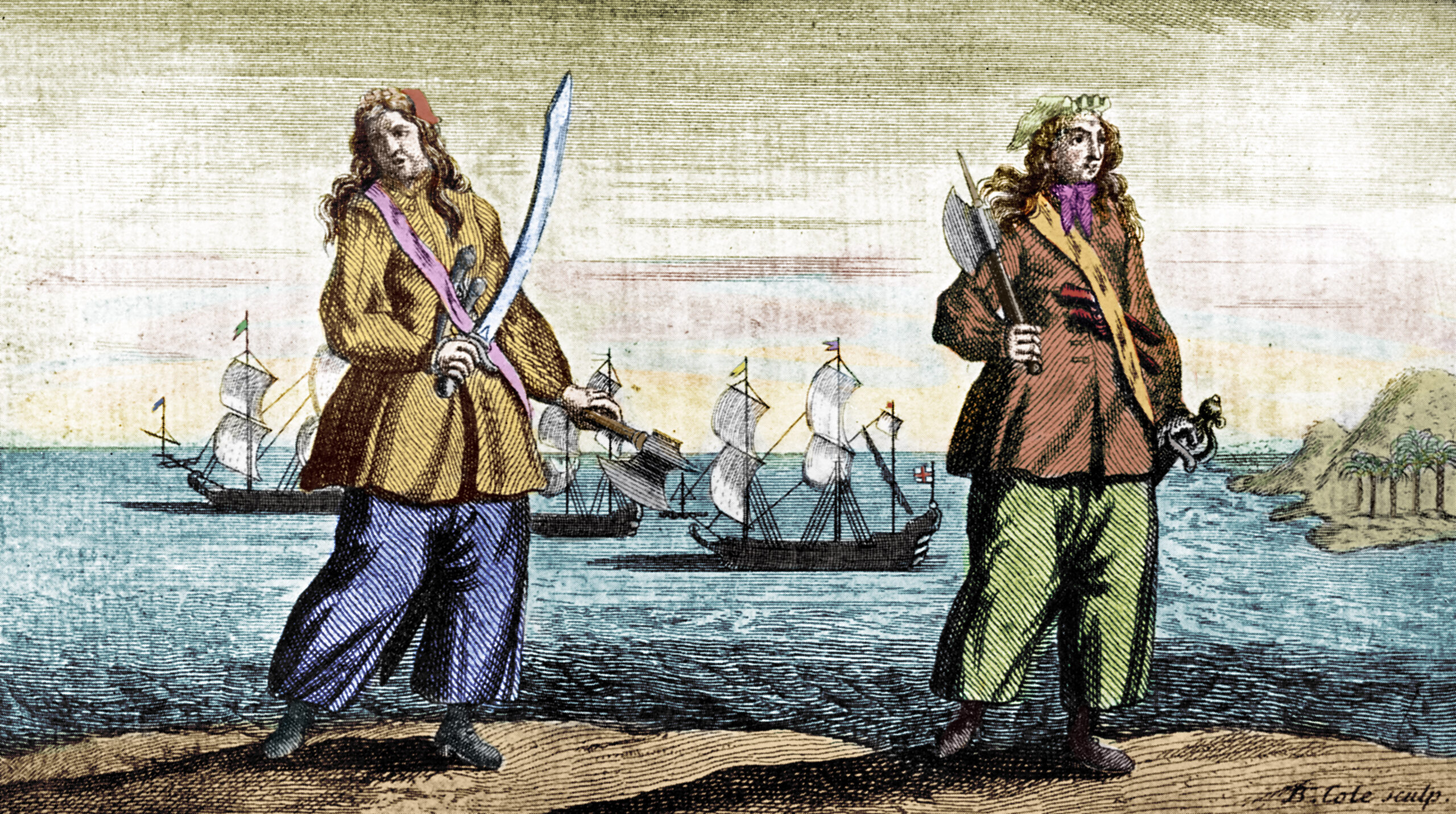 Anne Bonny and Mary Read, the female pirates, engraved by B Cole. AB: Irish American pirate, active in the Caribbean; born in the late 1690s, and is said to have died on April 25, 1782. MR: English pirate, convicted with Bonny for piracy in the Caribbean, b c.16951721. Colourised version. (Photo by Culture Club/Getty Images)