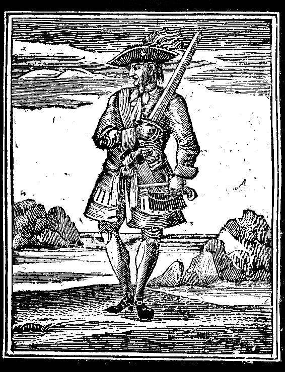 A woodcut print of Jack Rackham, or&nbsp;Calico Jack. His flamboyant clothing was the exception rather than the norm among pirates during the Golden Age of Piracy. <em>Public Domain</em>