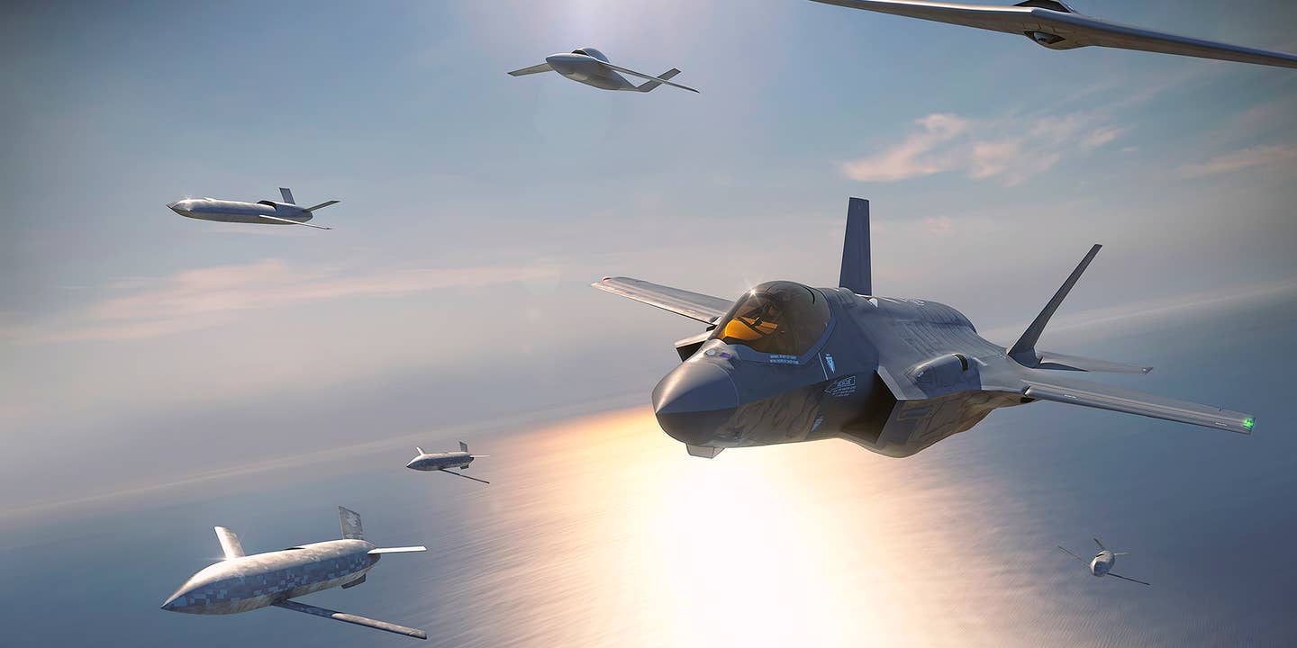 A depiction of an F-35A Joint Strike Fighter flying together with various different drone designs as part of a distributed manned-unmanned team.