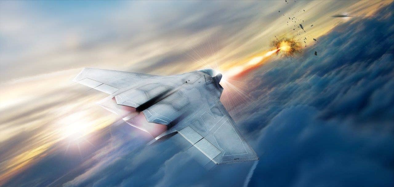 Concept art from Lockheed Martin showing a mature high-energy laser weapon arming a sixth-generation fighter jet. <em>Lockheed Martin</em>