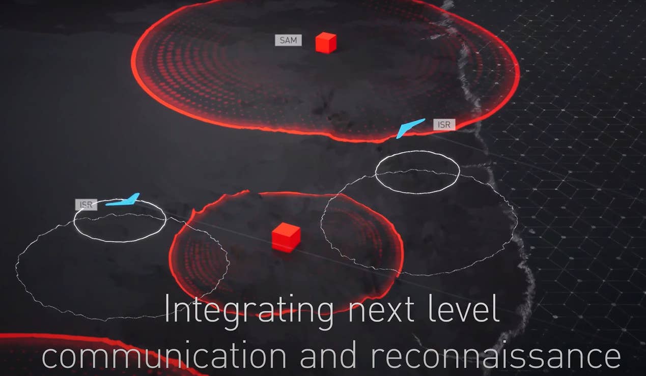 A portion of the video shows a pair of higher-end flying wing-type drones conducting ISR missions as a new threat pops up between them. The text here notably mentions "communication" as well as "reconnaissance," indicating the potential for these unmanned platforms to serve as radio and data-sharing relays in addition to other roles. <em>Lockheed Martin Skunk Works capture</em>