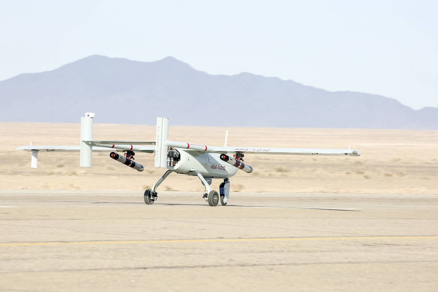 An Iranian Ababil-series armed unmanned aerial vehicle during a military drill held in Semnan, Iran in January 2021. <em>Photo by Iranian Army/Handout/Anadolu Agency via Getty Images</em>