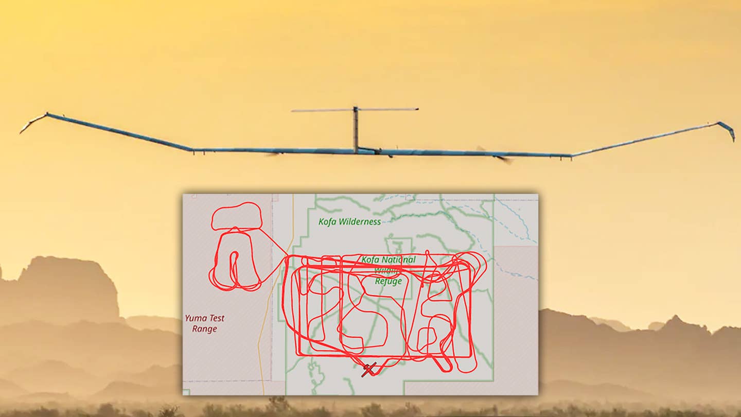 A picture of an Airbus Zephyr S drone in flight with an inset showing flight tracking data from July 11 with various numbers, letters, and other items 'written' in it.