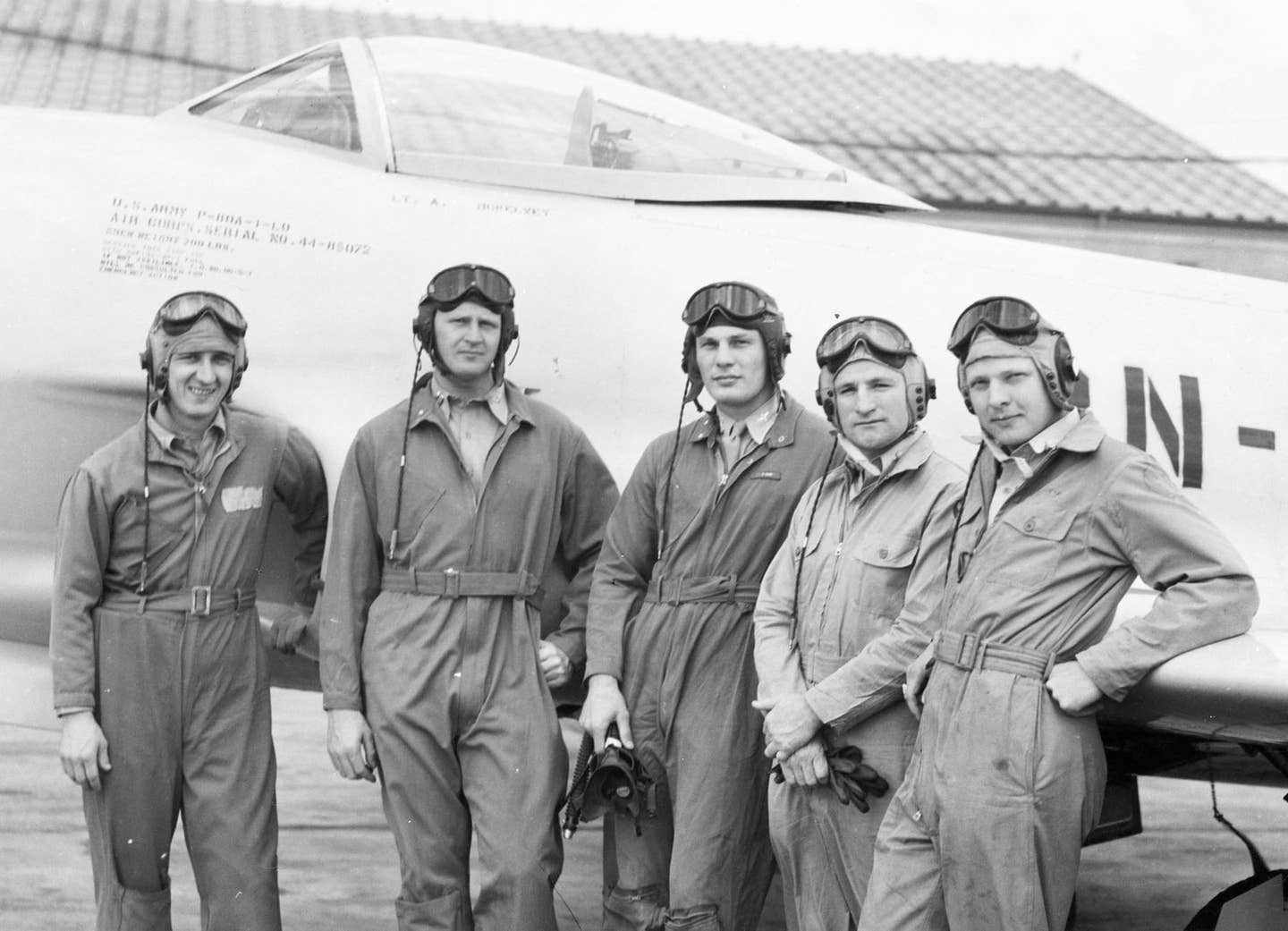 Robin Olds (center) with other members of the P-80 demonstration team in 1946. <em>U.S. Air Force photo</em><br><a href="https://www.nationalmuseum.af.mil/Visit/Museum-Exhibits/Fact-Sheets/Display/Article/196007/brig-gen-robin-olds-combat-leader-and-fighter-ace/undefined"></a>
