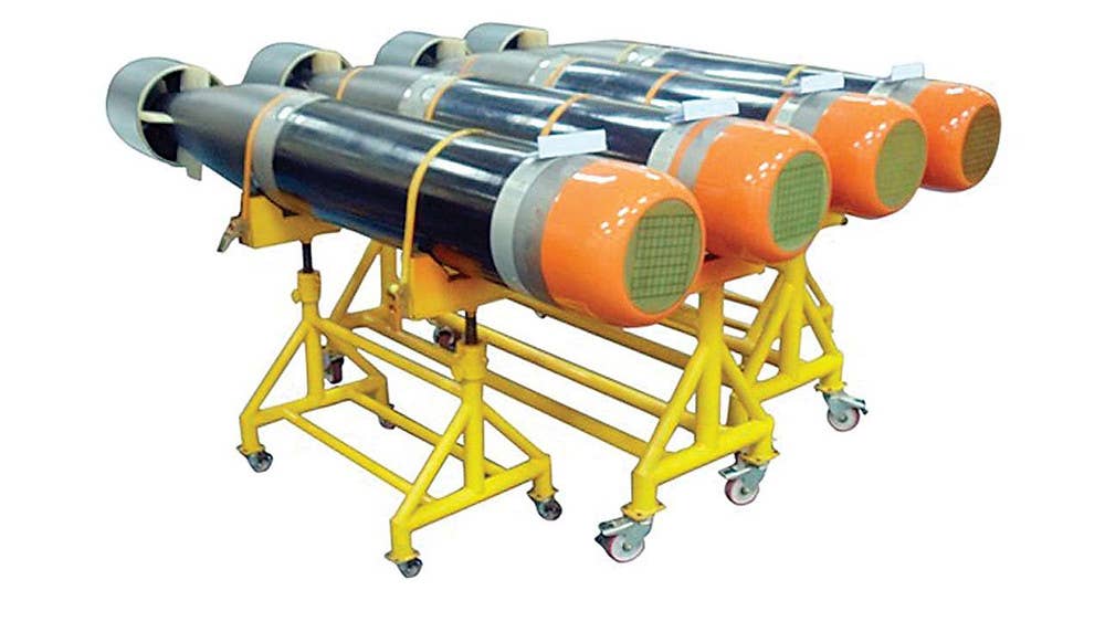 India's armed Shyena torpedo is pictured here with an even different design, this time with the orange stripe featured around the warhead. <em>Indian Defence Affairs</em>