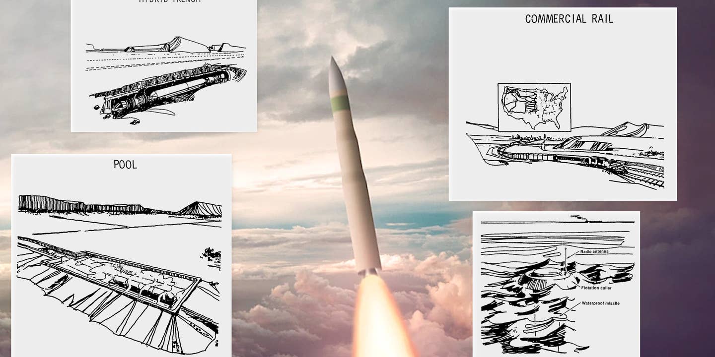Graphics depicting possible basing concepts for the Cold War-era MX missile program overlaid on top of a rendering of the Air Force's future LGM-35A ICBM.