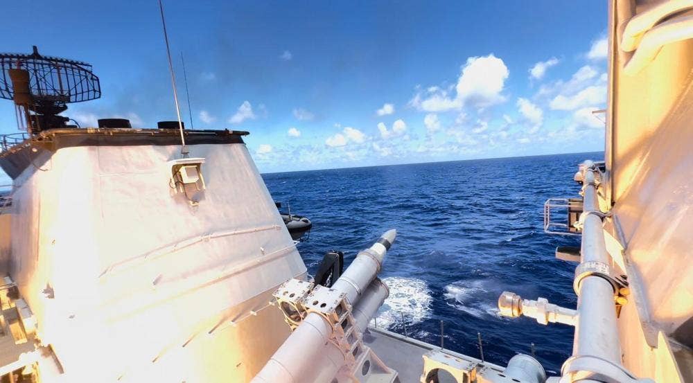 Royal Malaysian Navy frigate KD <em>Lekir</em> launches an Exocet anti-ship missile during a SINKEX at RIMPAC 2022. (DVIDS/Courtesy of Royal Malaysian Navy).
