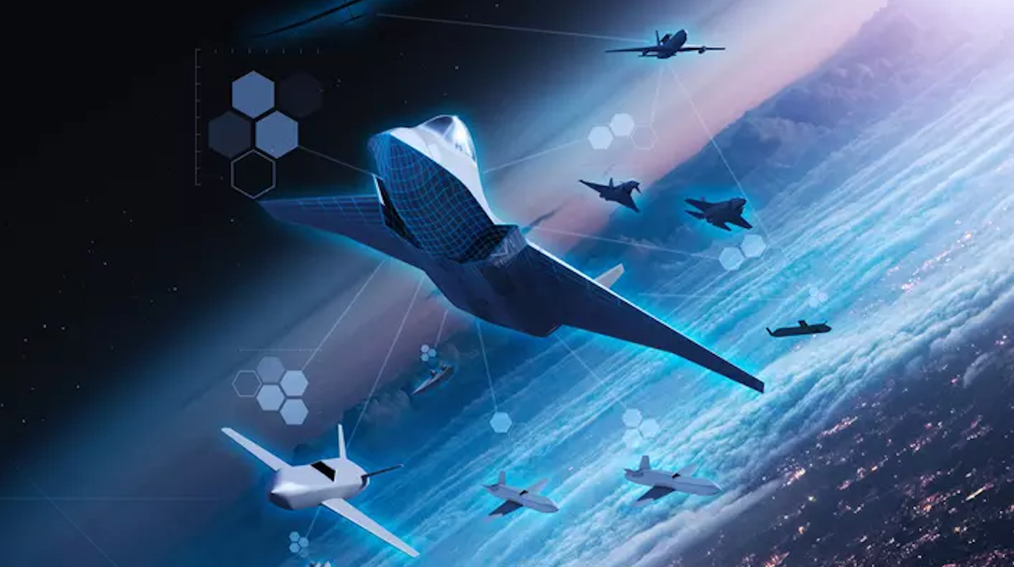 A recent graphic from BAE shows a Tempest fighter working as part of a networked team together with Typhoon, F-35, E-7 Wedgetail, and ‘loyal wingman’ type drones. <em>BAE Systems</em>