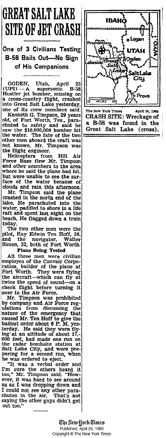 The original <em>New York Times</em> report of the crash, published April 24, 1960. <em>New York Times</em>