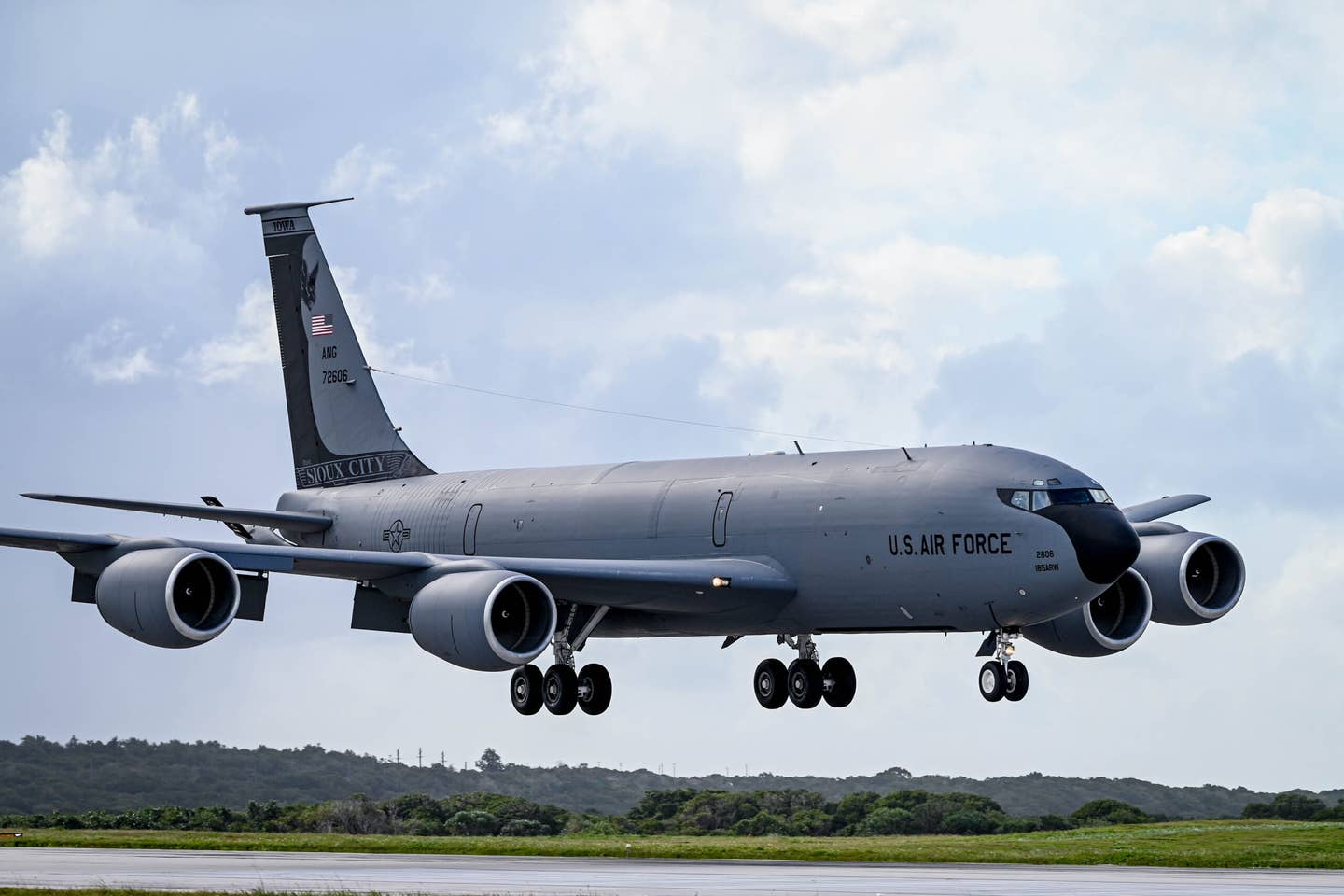 A U.S. Air Force KC-135 Stratotanker assigned to 185th Air Refueling Wing, Iowa Air National Guard lands at Andersen Air Force Base, Guam, February 1, 2021. Currently, the KC-135 plays a key role in providing aerial refueling support to aircraft operating in the Asia Pacific region. <em>U.S. Air Force photo by Airman Kaitlyn Preston</em>