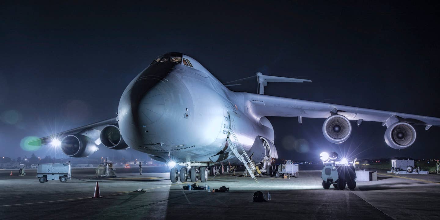A C-5M Super Galaxy assigned to the 60th Air Mobility Wing, Travis Air Force Base, California, on the flight line at Yokota Air Base, Japan, on September 14, 2021. <em>Yasuo Osakabe</em>