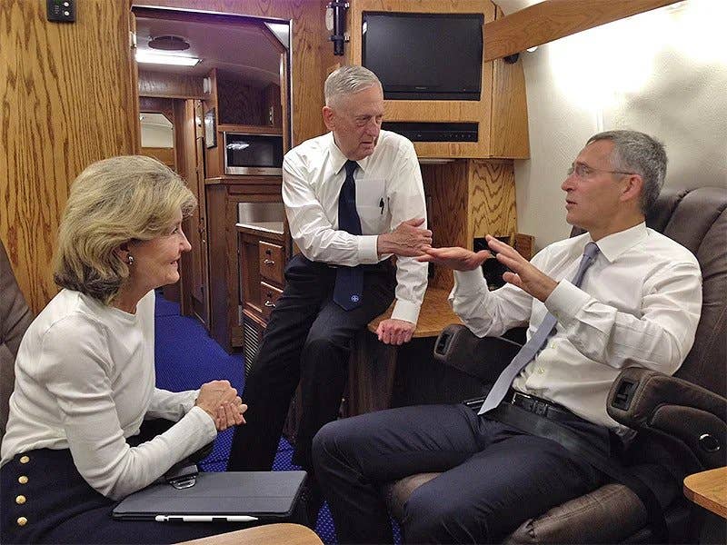 Then-Defense Secretary James Mattis (middle), with then-U.S. permanent representative to NATO Kay Bailey Hutchison (left) and NATO Secretary General Jens Stoltenberg in the Silver Bullet. (DOD photo)