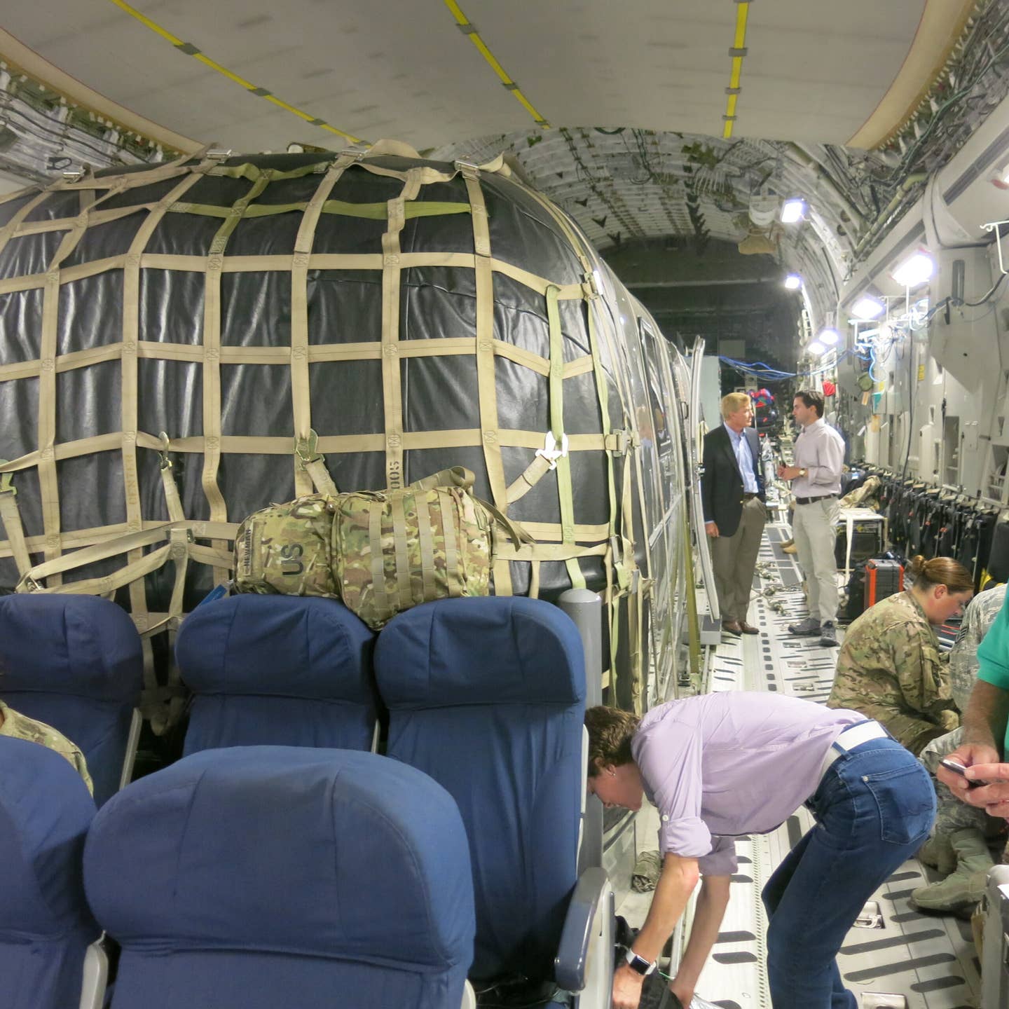 The Silver Bullet aboard a C-17 on a flight to Afghanistan and other nations in the U.S. Central Command region with then-CENTCOM commander Gen. Joseph Votel in 2016. (Howard Altman photo)