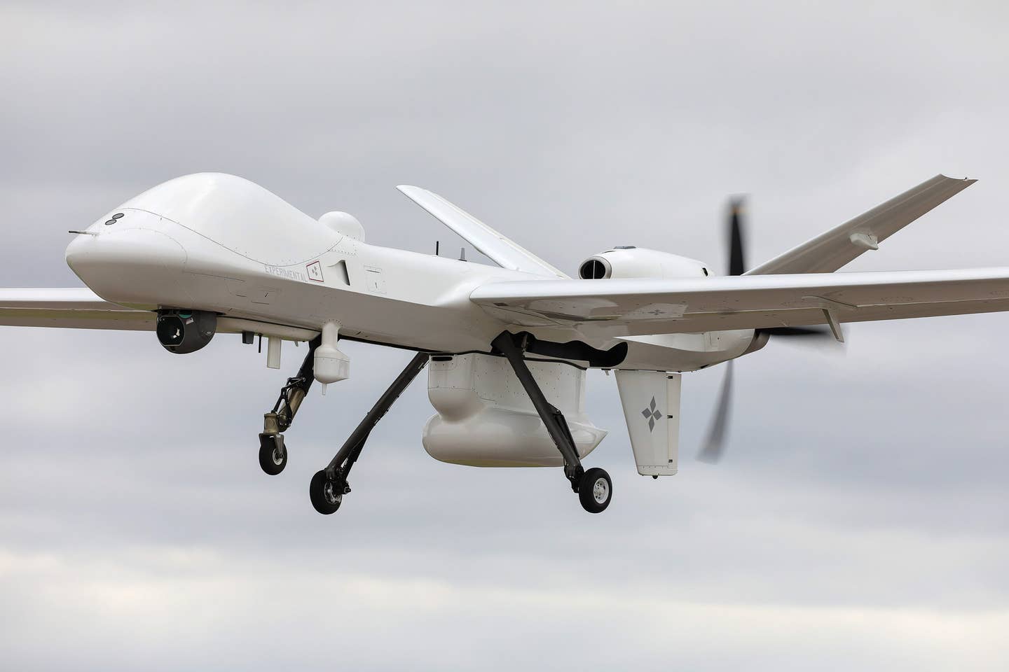 A General Atomics SkyGuardian drone takes off at RAF Waddington in England for the first time, in August 2021. This is a pre-production example of the new Protector drone for the RAF. <em>Crown Copyright</em>