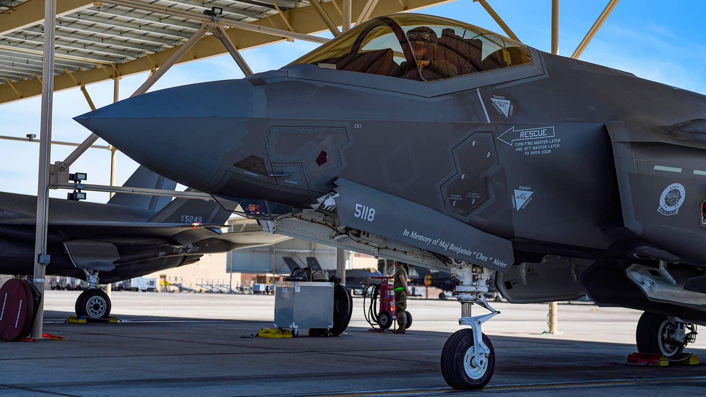One from a flight of four F-35As prepares to taxi out at Nellis. <em>Jamie Hunter</em>