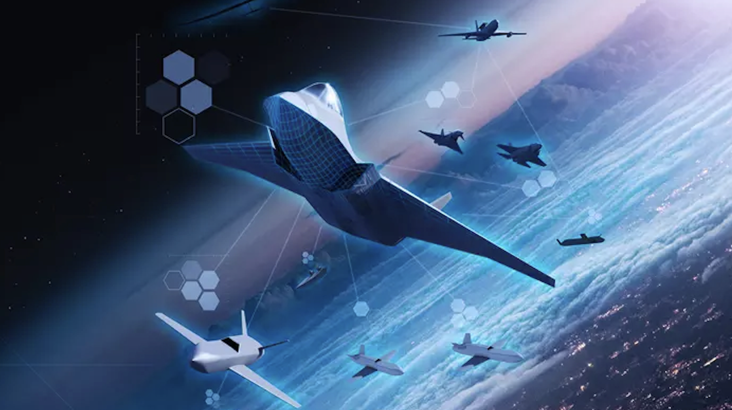 A recent graphic from BAE Systems shows a Tempest manned fighter working as part of a networked team together with Typhoon, F-35, E-7 Wedgetail, and ‘loyal wingman’ type drones.&nbsp;<em>BAE Systems</em>