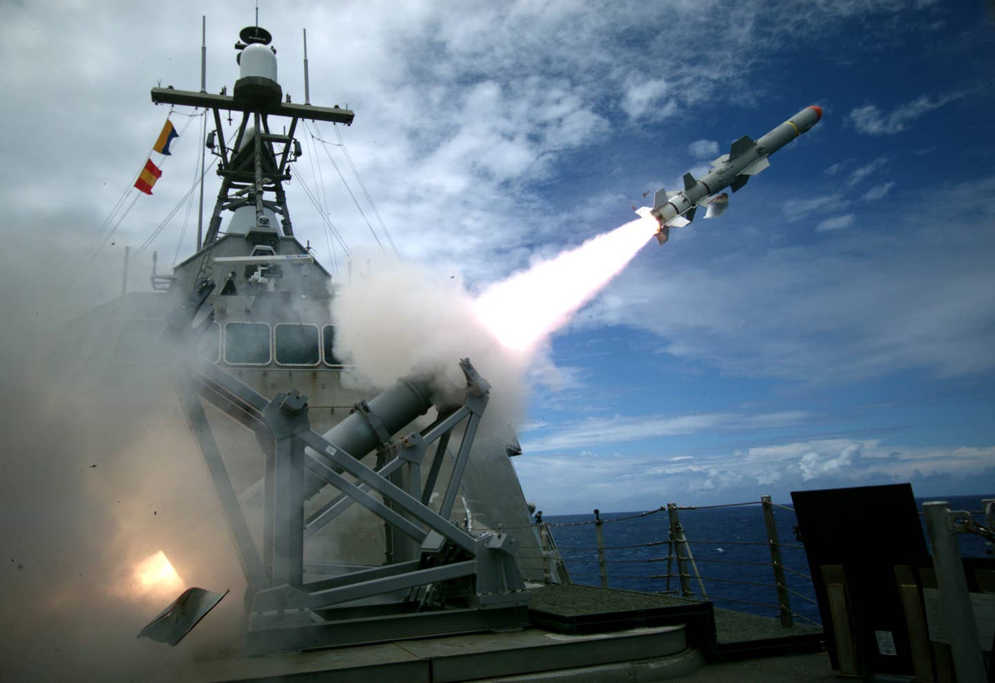 The <em>Independence</em> class Littoral Combat Ship USS <em>Coronado</em> (LCS 4) launches the first over-the-horizon missile engagement using a Harpoon Block 1C missile. <em>Credit: Lt. Bryce Hadley/U.S. Navy</em>