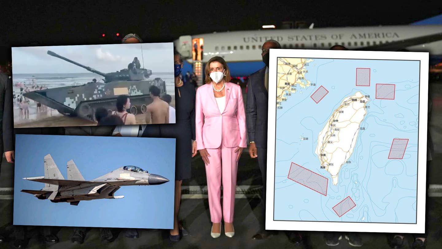 A picture of US Speaker of the House Nancy Pelosi after her arrival in Taiwan on Aug. 2, 2022, overlaid with a map of China's planned exercise areas, as well as a PLA armored vehicle and fighter jet.