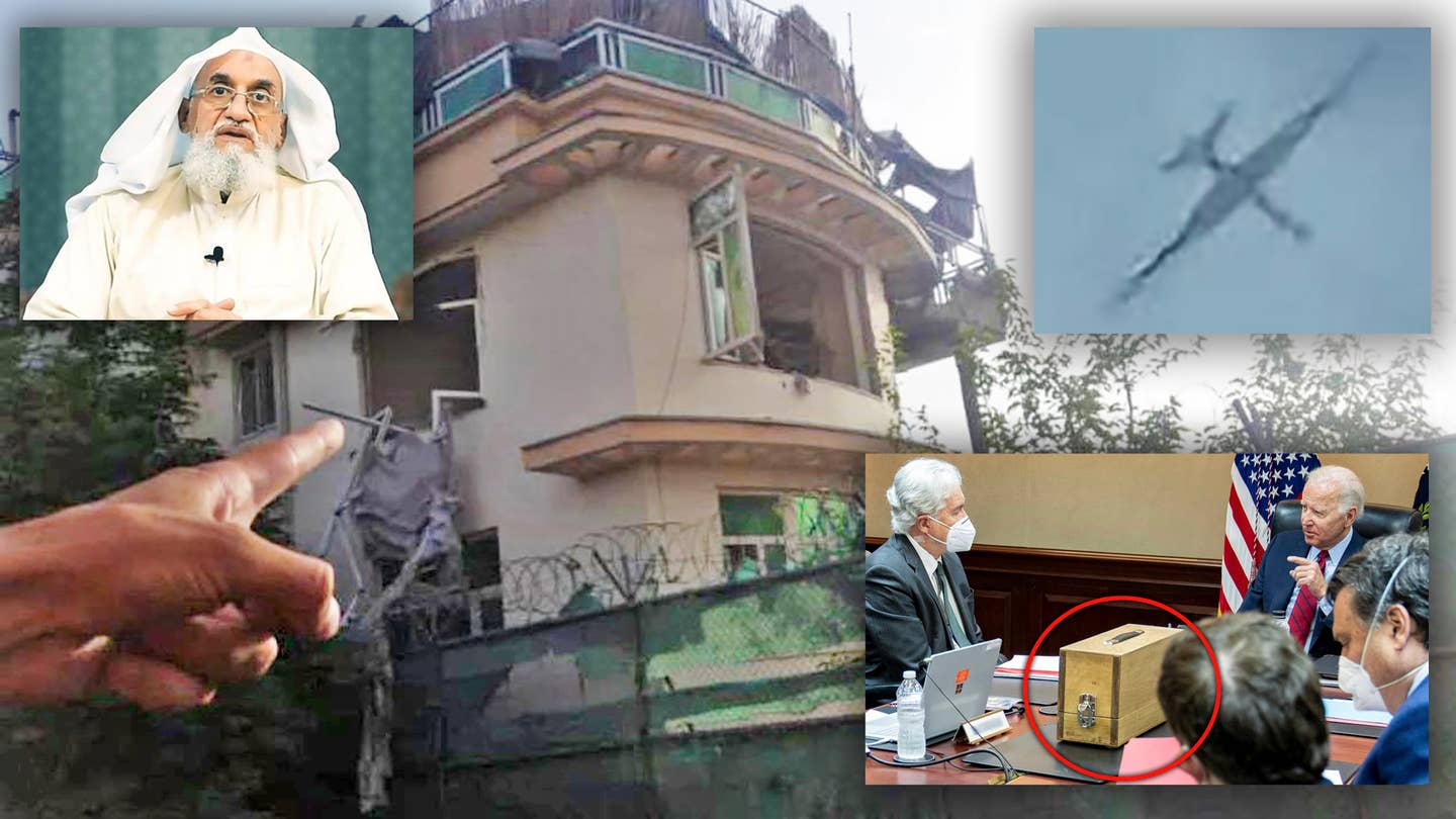 A picture that appears to show the house in Kabul where Zawahiri was killed, along with insets showing the Al Qaeda leader, at left, and a drone that may have been seen overhead after the strike, at right.