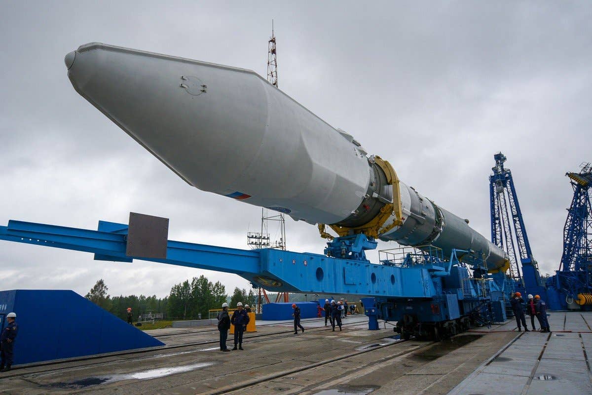 The rocket and payload for the Kosmos-2558 mission at the Plesetsk Cosmodrome in Russia before launch. <em>Credit: Russian Ministry of Defense</em>