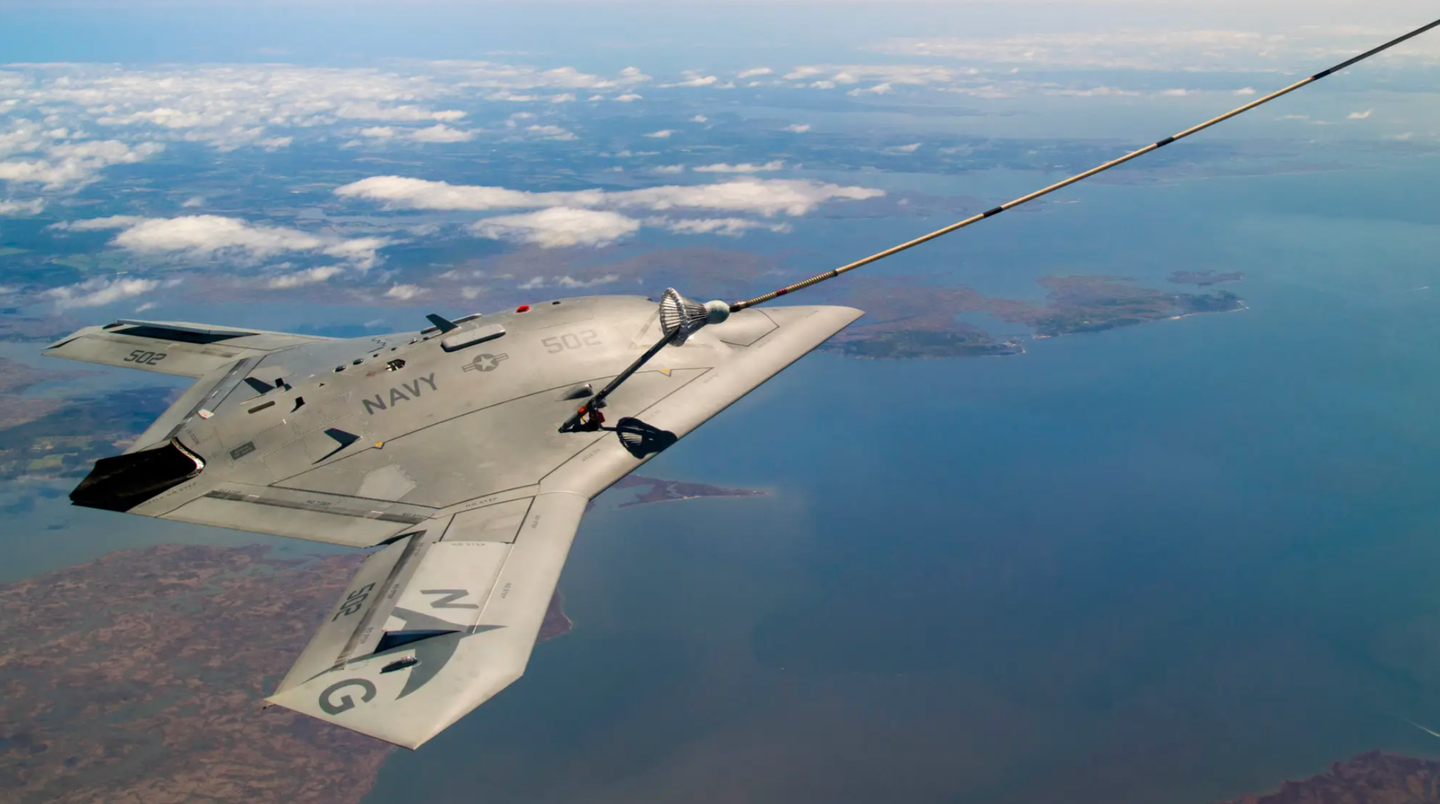 An X-47B during an aerial refueling demonstration over the Chesapeake Bay on April 22, 2015.&nbsp;<em>U.S. Navy</em>