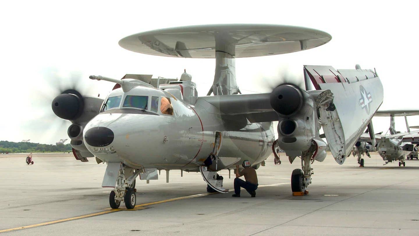The E-2D Advanced Hawkeye with an aerial refueling probe added on top of the cockpit. (U.S. Navy photo)