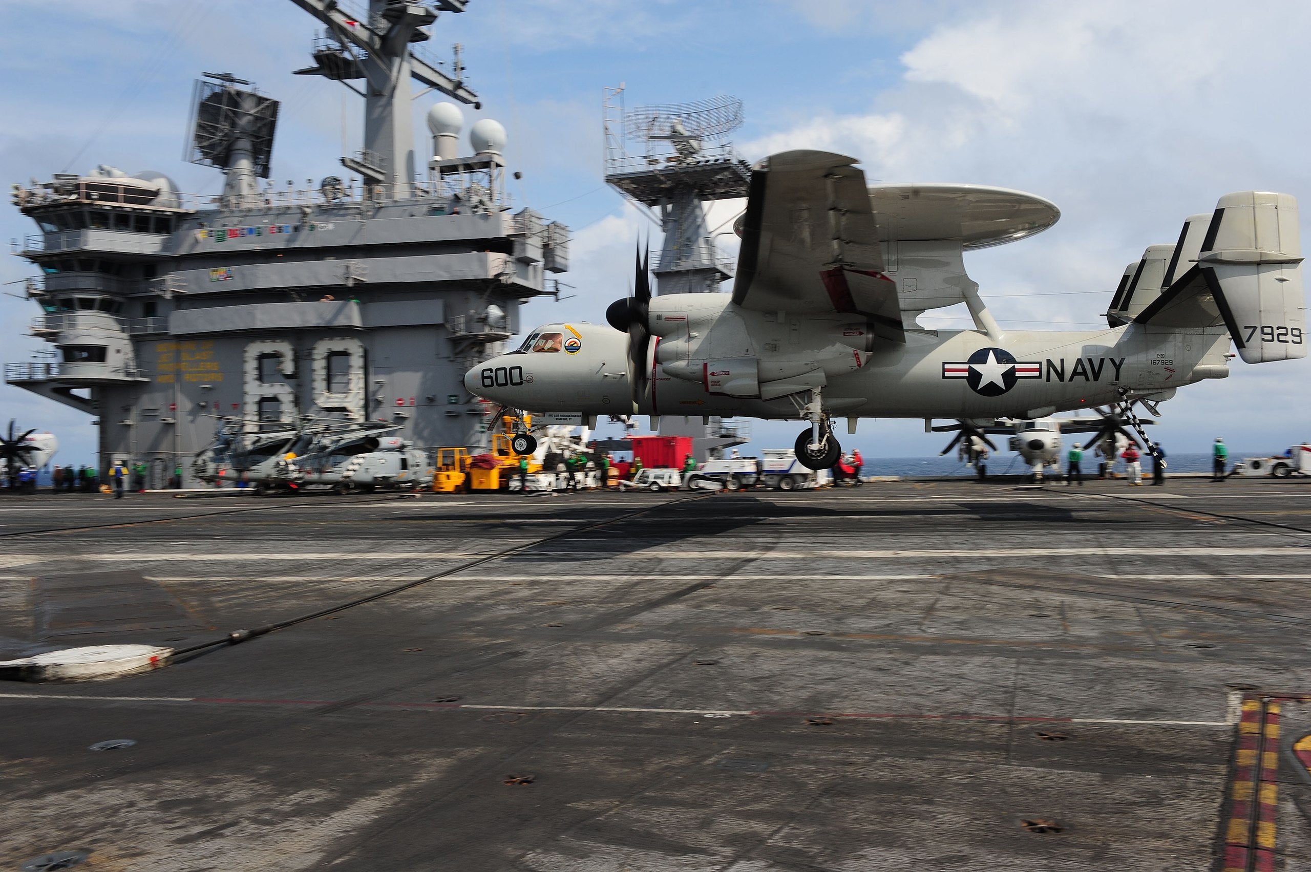 110917-N-BQ817-168 ATLANTIC OCEAN (Sept. 17, 2011) – An E-2D Hawkeye assigned to Test and Evaluation Squadron (VX) 1 makes an arrested landing aboard USS Dwight D. Eisenhower(CVN 69). USS Dwight D. Eisenhower is currently underway conducting carrier qualifications. (U.S. Navy photo by Mass Communication Specialist Seaman Albert Jones/Released)