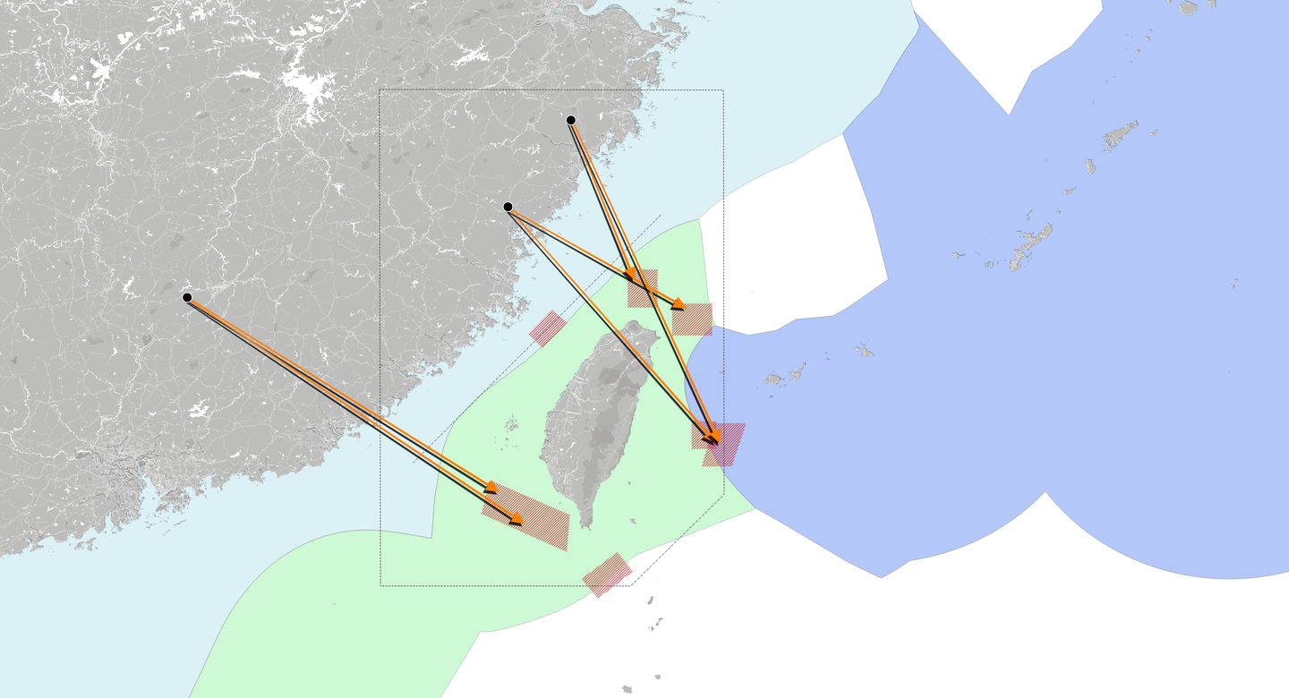 A map showing the directions of the SRBM launches from the Chinese mainland and the different training areas in which they came down, around Taiwan. The different colored shaded areas show the EEZs of the countries in the region. <em>DETRESFA_</em>