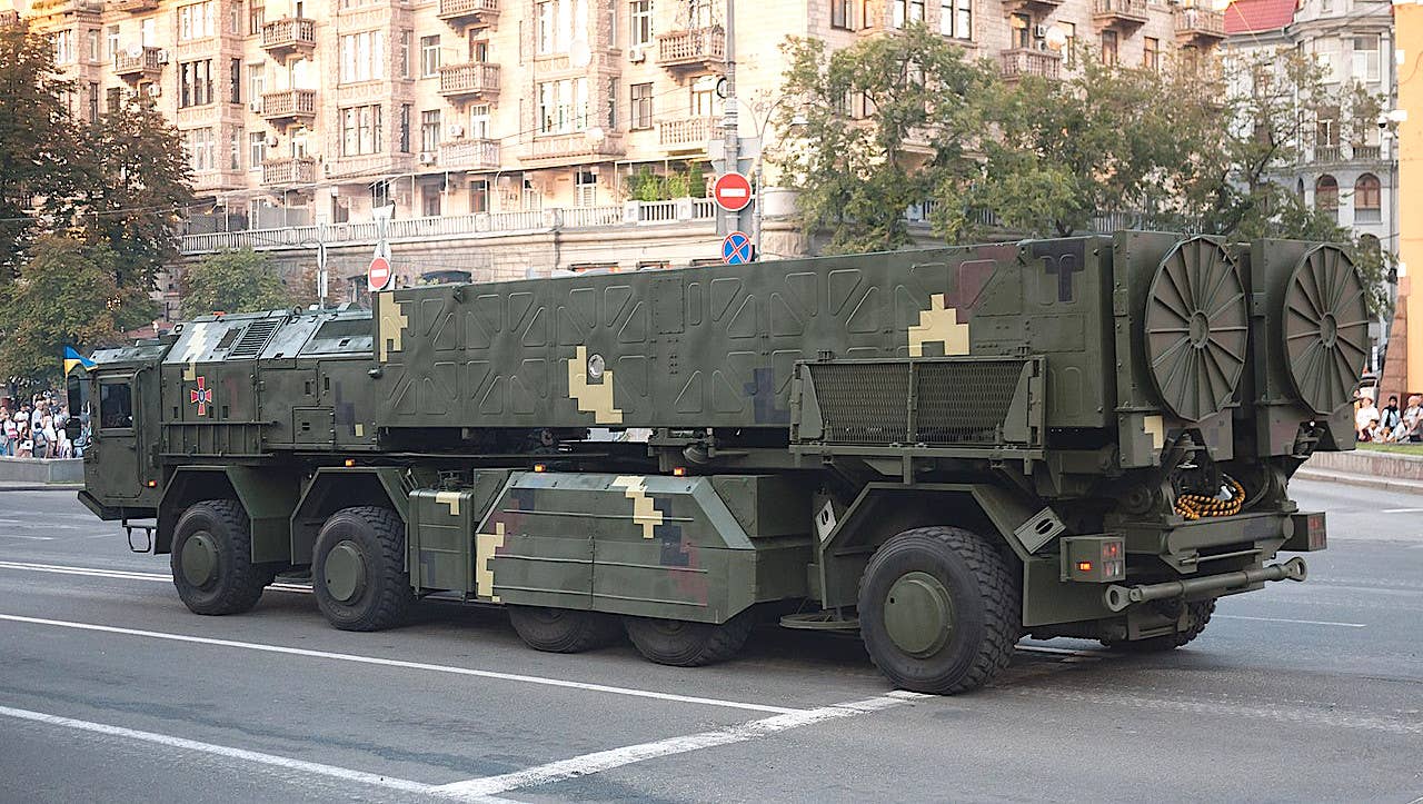 An example of the Grom/Grim/Grim-2/Hrim-2 transporter-erector-launcher seen during a parade in Kyiv in 2018. <em>VoidWanderer via Wikimedia</em>