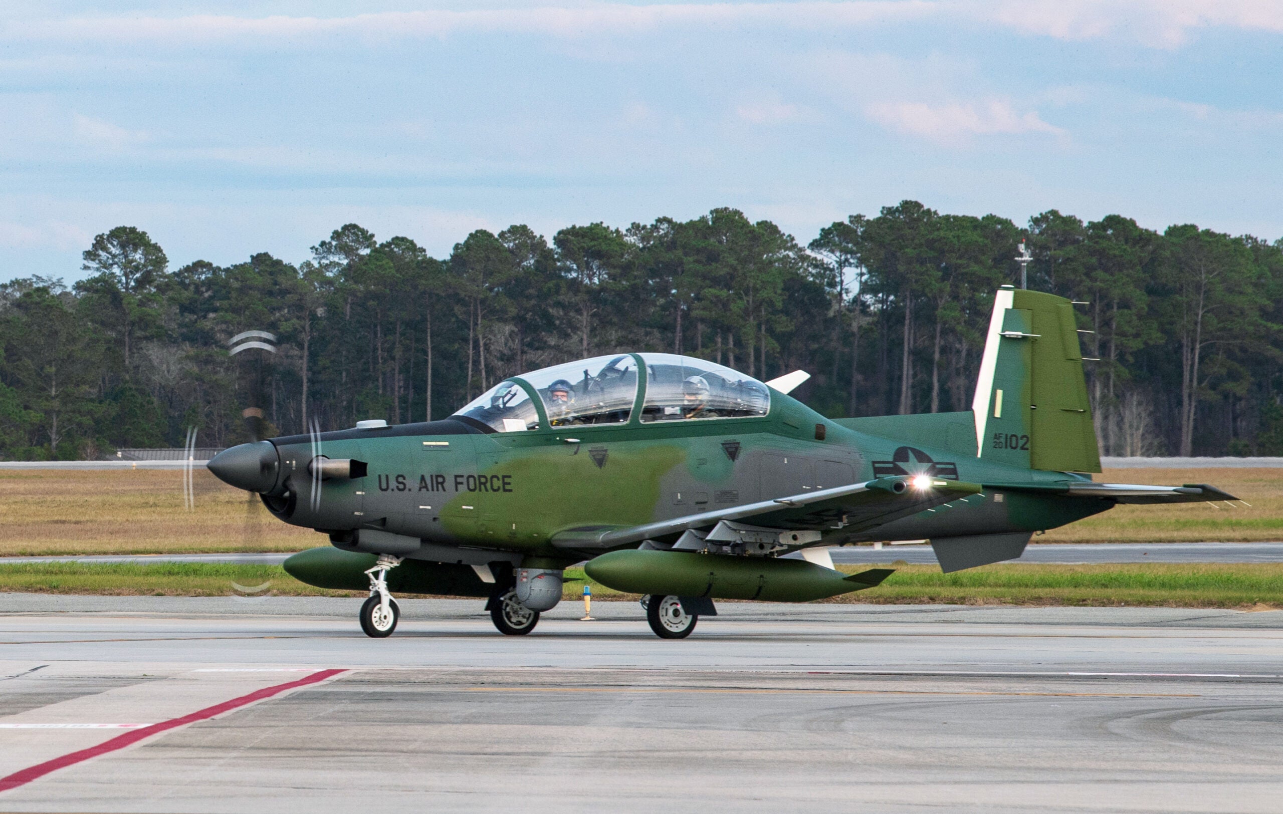A U.S. Air Force AT-6E Wolverine taxis on the flightline during its arrival at Moody Air Force, Georgia, Jan. 12, 2022. Pilots from the 81st Fighter Squadron, who are on loan to the 23rd Wing, will be flying the AT-6 aircraft alongside partner nation personnel. They will be working together to build the capacity and capability of the U.S. partner nations, enhancing the ability to seamlessly work together and enabling the successes of any future operation. (U.S. Air Force photo by Andrea Jenkins)