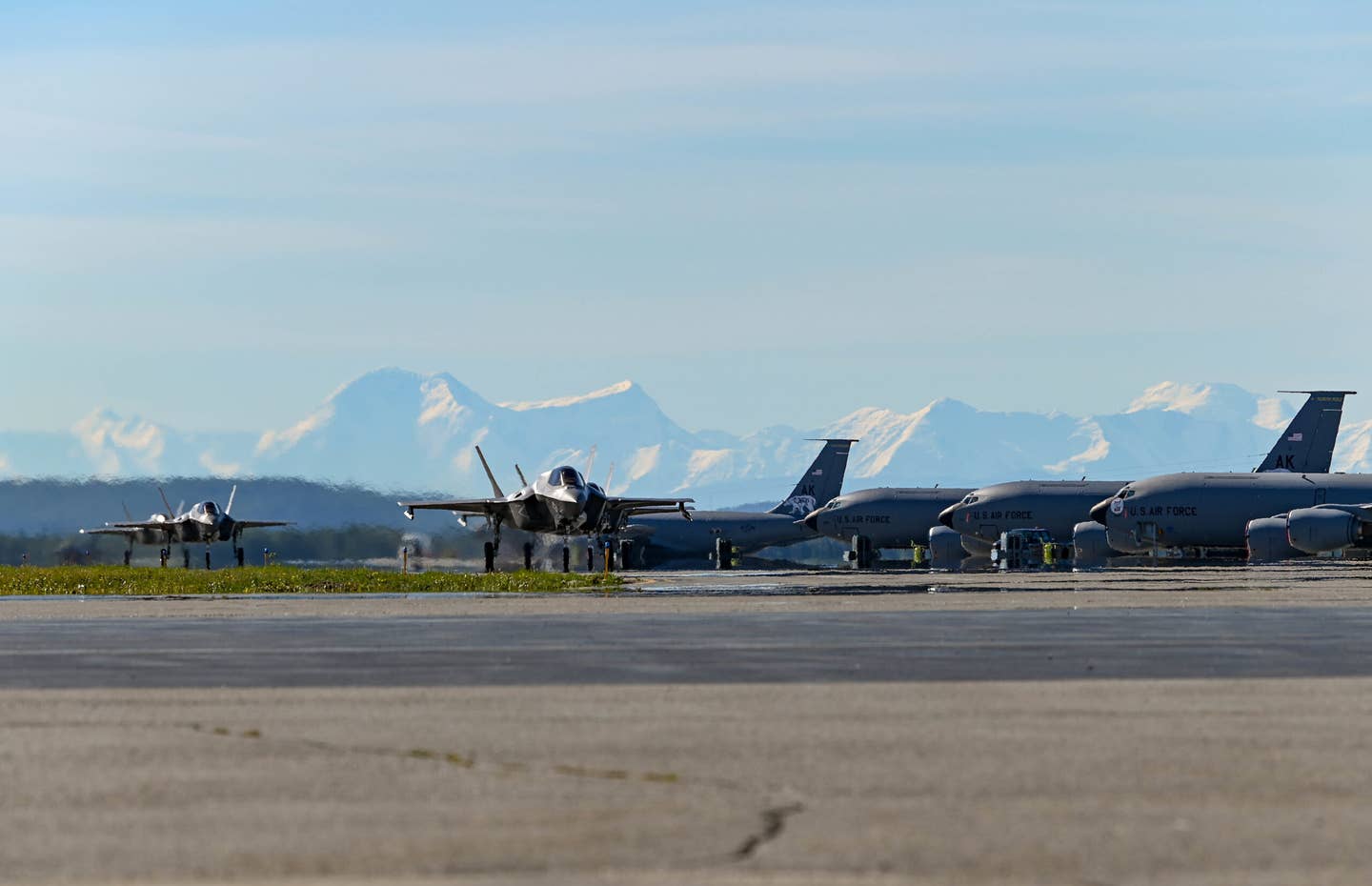 U.S. Marine Corps F-35B Lightning II’s assigned to Marine Fighter Attack Squadron 225 taxi after landing during Red Flag Alaska 22-3 at Eielson Air Force Base, Alaska. (U.S. Air Force photo by Senior Airman Shannon Braaten)