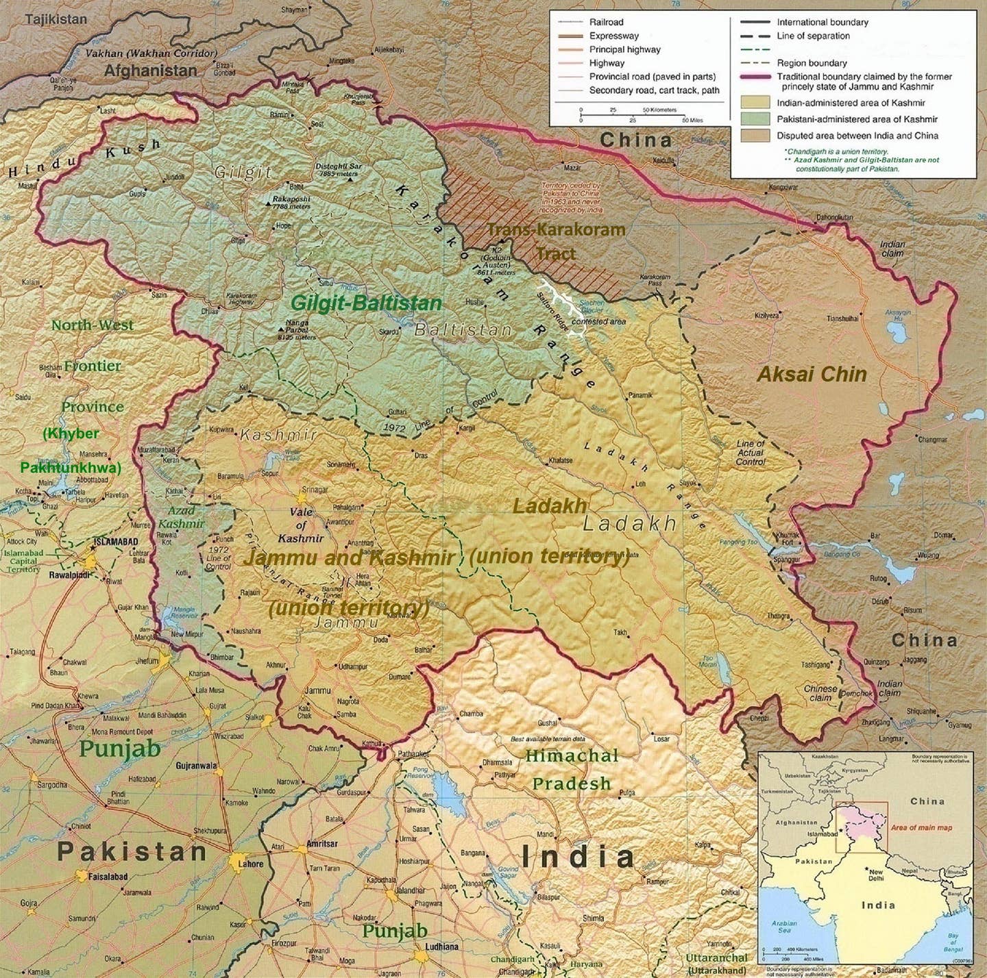 The western portion of the Line of Actual Control, separating Eastern Ladakh&nbsp;and&nbsp;Aksai Chin. <em>Credit: Map by the CIA via Wikimedia Commons</em>